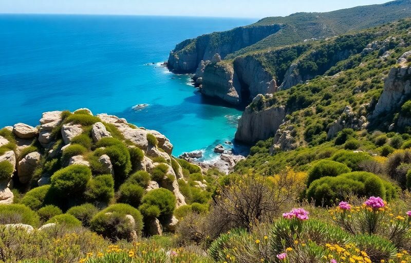 Paysage corse, mer bleue, rochers escarpés, végétation méditerranéenne luxuriante.