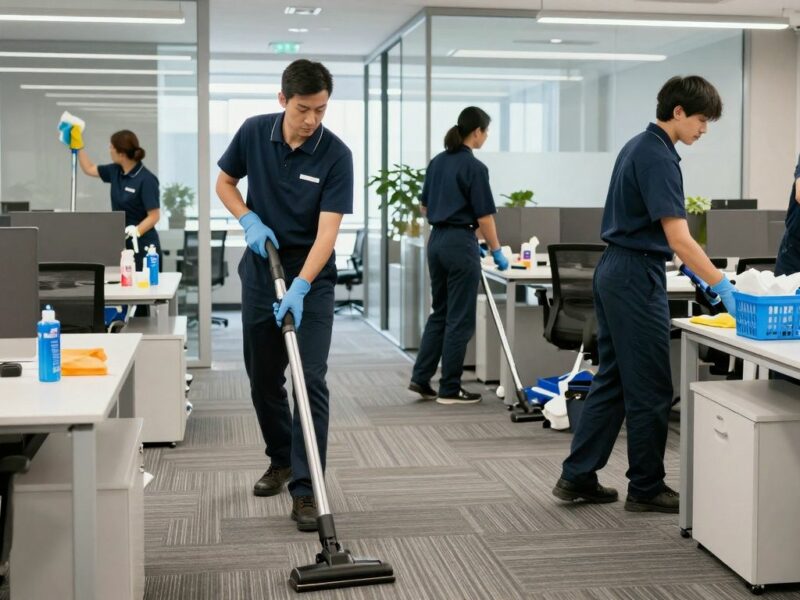 Professional cleaning crew working in a modern office.