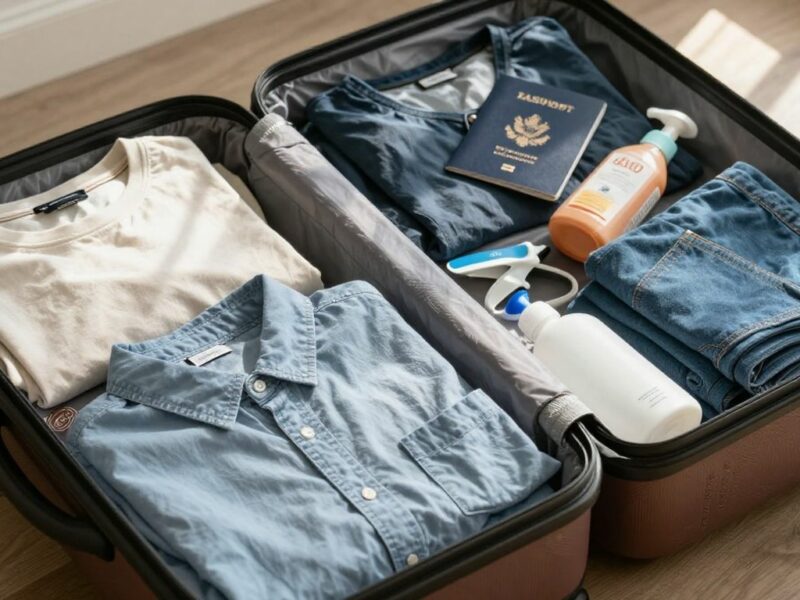 Valise ouverte avec des vêtements et des articles de voyage pour les États-Unis.