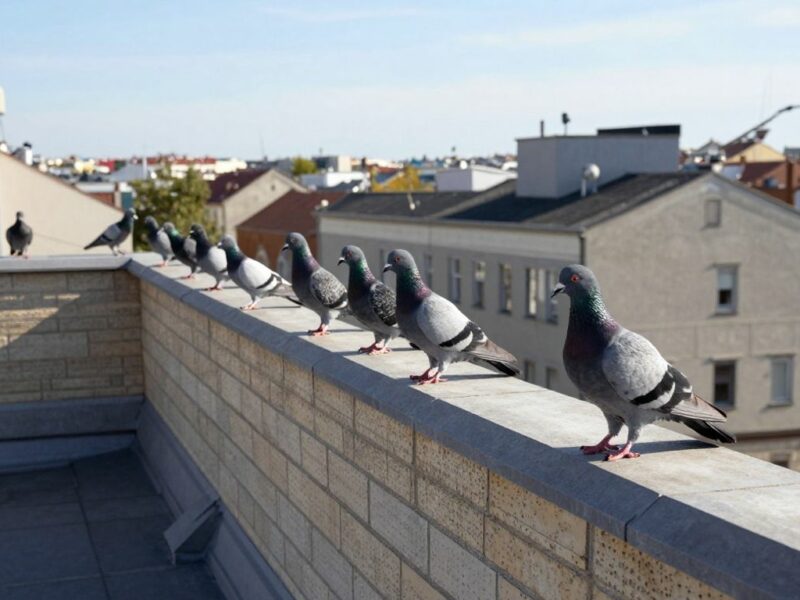 Pigeons sur un toit de ville, protégeant les toitures.
