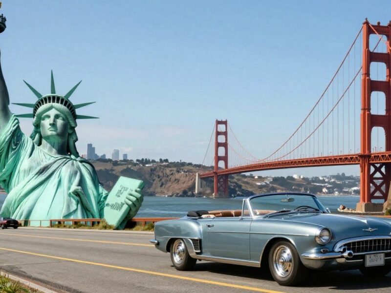 Paysages emblématiques des États-Unis, route panoramique et voiture de sport.