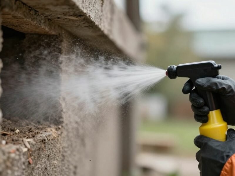 Exterminateur pulvérisant un insecticide dans une fissure sombre.