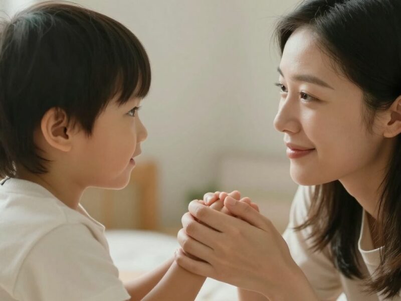 Parent et enfant parlant avec bienveillance.